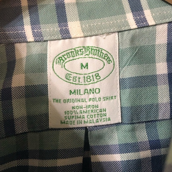 Brooks Brothers Milano Button Down Supima Cotton Plaid Blue Green Shirt Medium - Picture 2 of 6